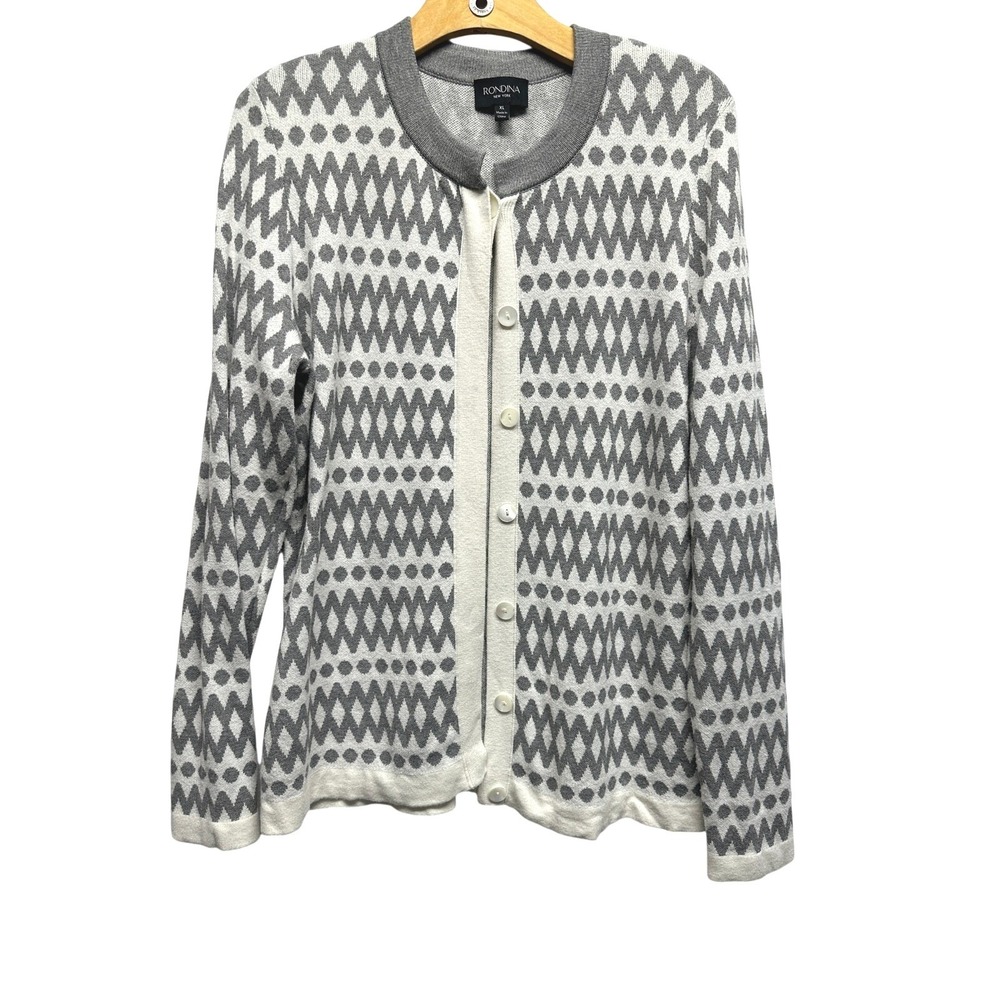Rondina New York Grey White Geometric Diamond Button Front Cardigan XL Womens